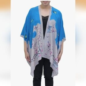 NWT Cocoon House Elegant Blue Women's 100% SILK Kimono with Floral Design O/S